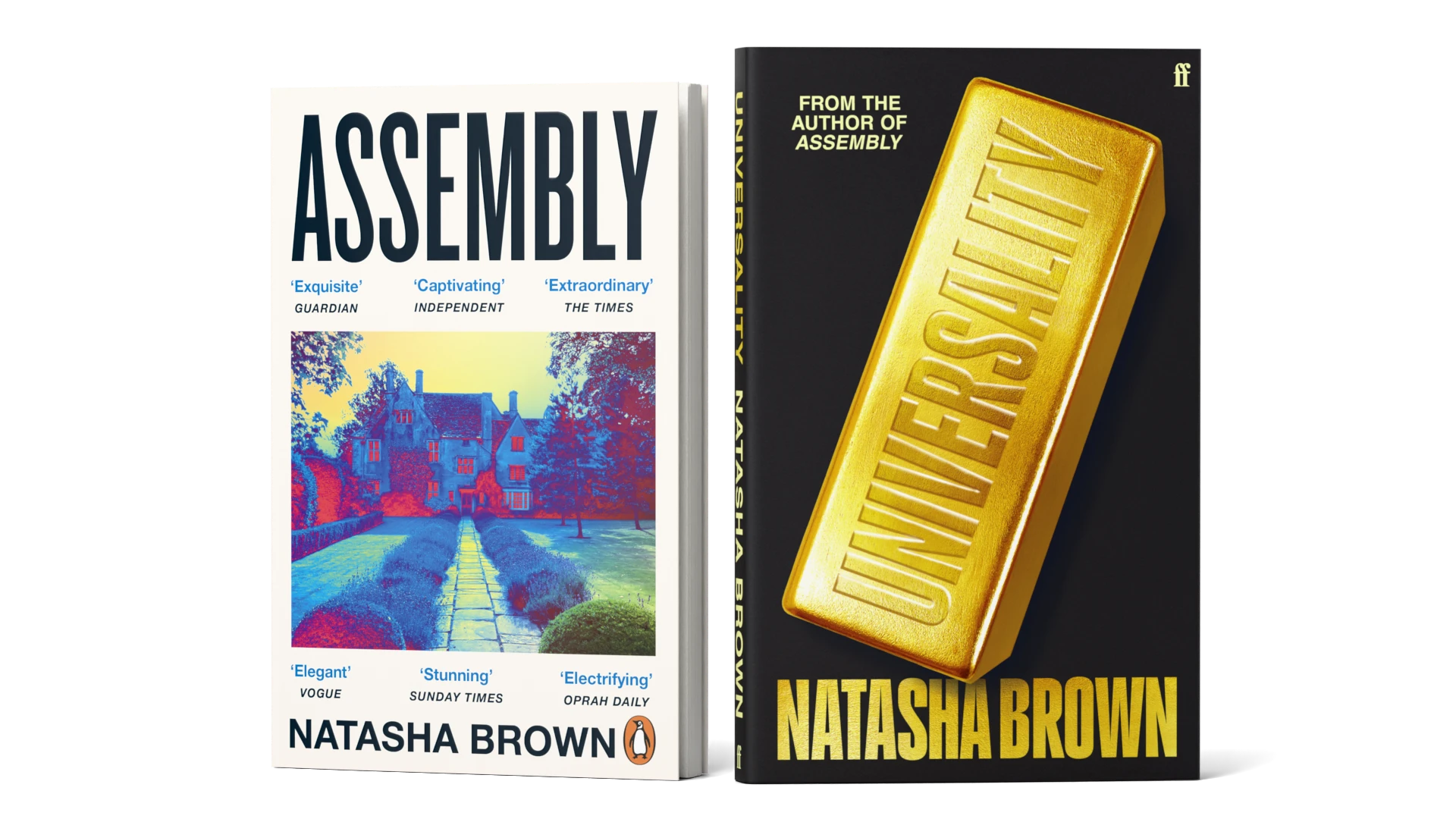Photograph of a book titled Universality: A novel by Natasha Brown.
The cover features a gold bar with ‘Universality’ engraved on the side.