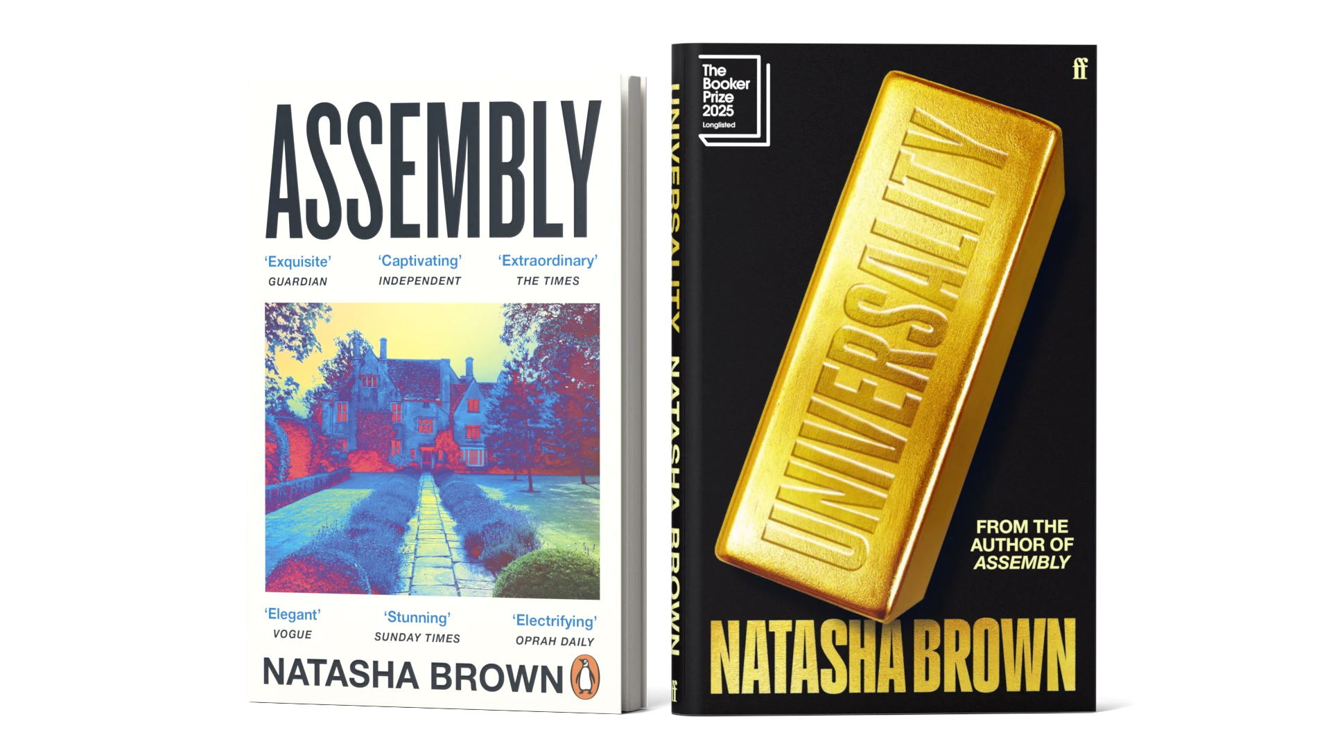 Photograph of a book titled Universality: A novel by Natasha Brown.
The cover features a gold bar with ‘Universality’ engraved on the side.